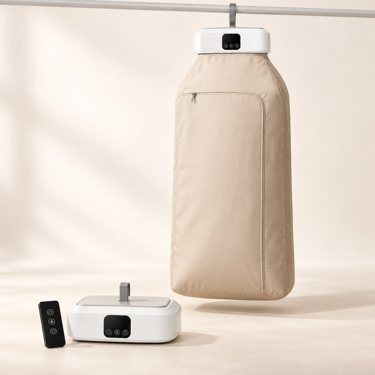 White Dryglenn portable dryer with beige enclosure and black remote control.